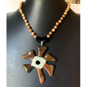 Handmade Fused Glass Flower Pendant Statement Necklace Beaded Strand Artisan